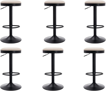 EALSON Modern Swivel Bar Stools Set of 6 Adjustable Counter Height Backless Barstools with Metal Base Leather Upholstered Round Bar Stool Chairs for Kitchen Island/Pub/Breakfast Bar, Beige