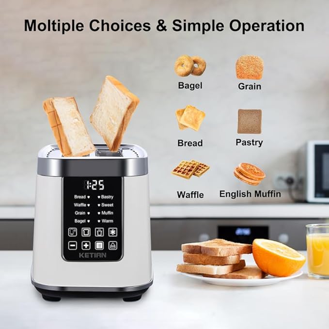 Smart Touch Screen Toaster 2 Slice, KETIAN Automatic Digital Stainless Steel