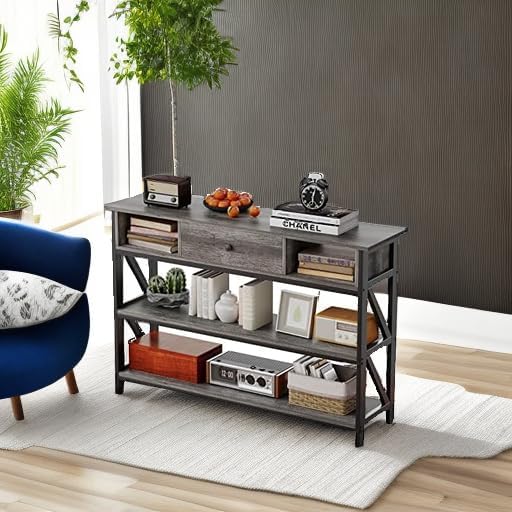 Mexin 47 Inch Console Sofa Table with Drawer, Industrial Entryway Table with Storage Shelves, Storage Organizer for Hallway Living Room Couch Foyer Kitchen Counter, Grey Oak