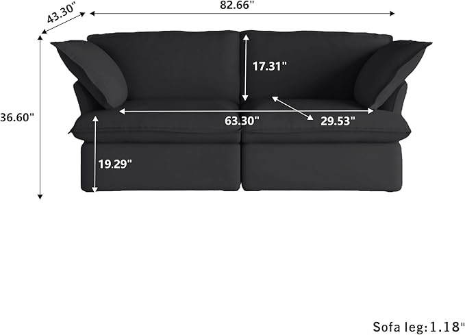 WJShome Love Seat Sofas, Modern Down Filled Modular Sectional Sofas, Cushion Covers Removable, Customizable Modular Sectional Couch for Living Room Apartment Lounge Bedroom (Black, 2 Seat)