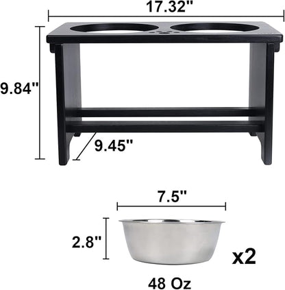 HTB Elevated Dog Bowl Stand with 2 Stainless Steel Bowls-10 H Large Black | Raised Dog Bowl Stand, 10"tall, 48 Oz Bowls, for Large Sized Dogs, Pet-safe, Solid Bamboo
