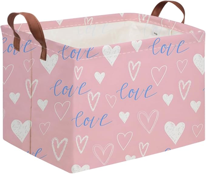 Rectangular Pink Valentine's Day Gift Basket,nursery basket,Pink girls gift baskets,kids toy storage Bin, Love Heart Room Decor for Home,Shelf Baskets(Blue pink heart)