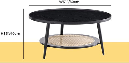 Saint Mossi Wood and Rattan Coffee Table for Living Room, Mid Century Modern Round Coffee Table, 2-Tier Boho Center Table for Small Space, Black Wood and Rattan Top, W31xH15