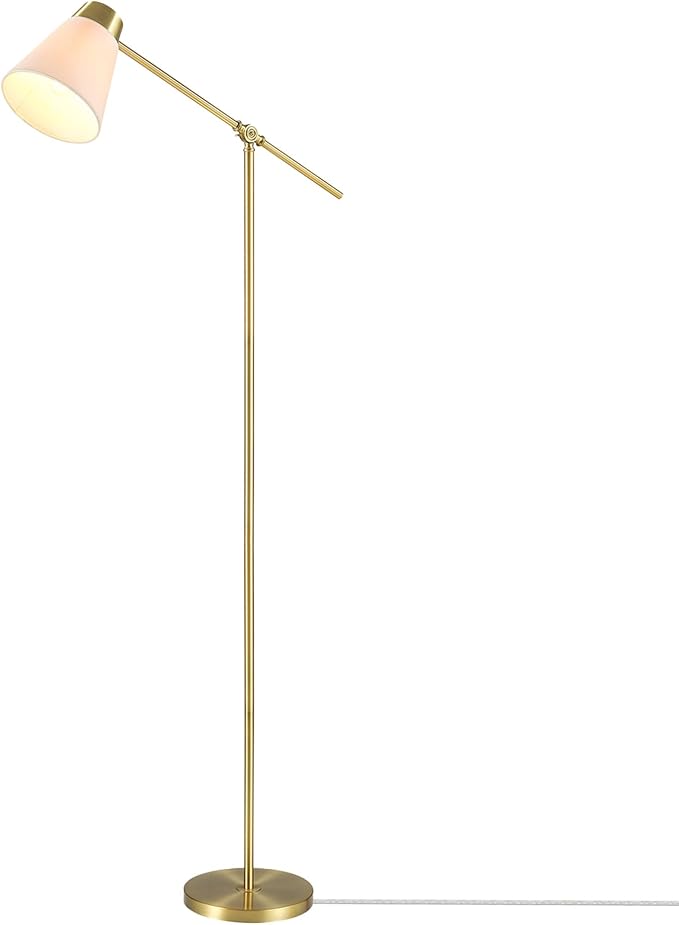 69" Floor Lamp, Swing Arm, Matte Brass Plated, White Tapered Fabric Shade, On/Off Rotary Switch on Socket, 5-Foot Clear Cord, 1-Light, 40W E26/Medium Base Bulb