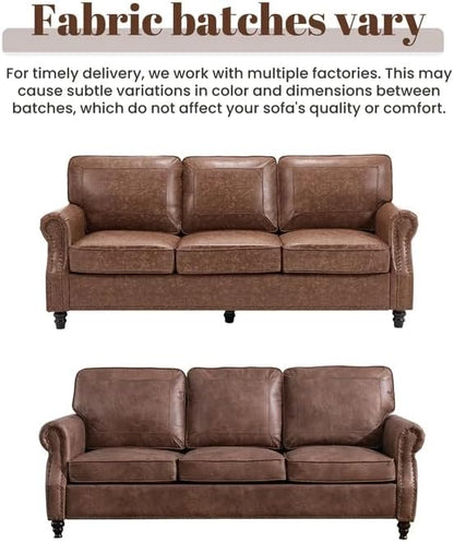 WILLOVE 79'' Faux Leather Sofas for Living Room, Mid Century Modern Couches with Rolled Arm & Nailhead Trim for Small Space, Apartment, Dark Brown