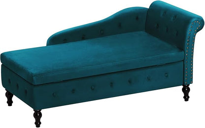 ACMEASE Upholstered Chaise Lounge with Right Armrest & Lumbar Pillow,Button Tufted Lounge Sofa with Storage,Lounge Chair Indoor,Modern Velvet Lounge Chair for Bedroom, Living Room and Office,Teal