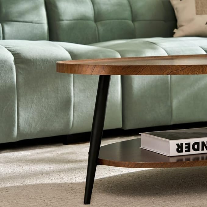 AGV Oval Coffee Table with Storage Shelf, 47" Mid Century Modern Coffee Table for Living Room, Walnut Wood Finish MDF Top with Black Metal Legs