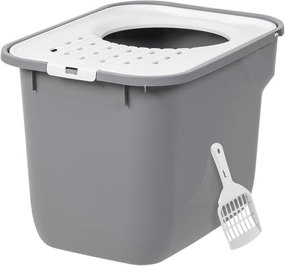IRIS USA Cat Litter Box Large Top Entry with Lid, Enclosed Litter Box with Litter Catching Lid & Scoop, Covered Cat Litter Box Enclosure for Privacy, High Sided, Gray/White