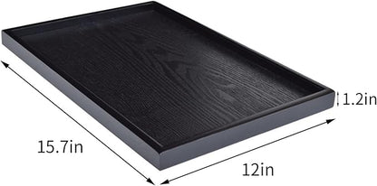 16 x 11 Inches Extra Large Solid Wood Serving Tray for Tea Coffee Table Snack Food Meals Serving Plate Kitchen Party Bar Breakfast Server with Raised Edges Black Wooden Decorative Ottoman Tray