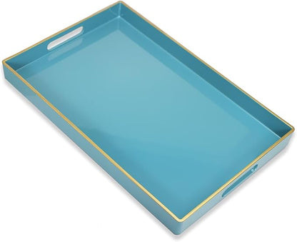 Teal Blue Decorative Coffee Table Tray, Rectangular Plastic Serving Tray with Handles for Living Room, Ottoman, Bathroom, 15.7"*10.2"