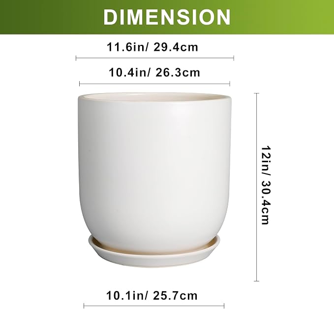 Plant Pot 12 inch - Ceramic Pot for Plants Indoor Outdoor Large Planter Pot with Drainage Hole and Saucer Mid-Century Modern Flower Pot Cylinder White