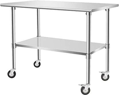 Stainless Steel Table - Metal Table Cart - Commercial Workbench with Caster Wheel - NSF Certified - for Restaurant, Warehouse, Home, Kitchen, Garage,48''x30''