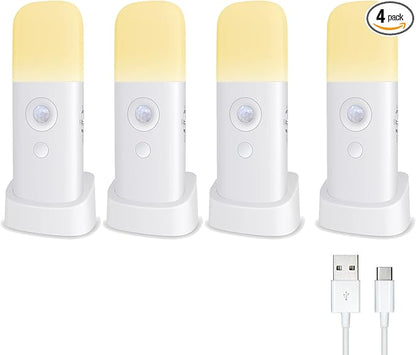Motion Sensor Night Lights Indoor, Rechargeable Night Light Battery Powered, Portable Nightlight with Adjustable Brightness Activated Table Lamp for Kids, Adults(Warm Light, 4 Pack)