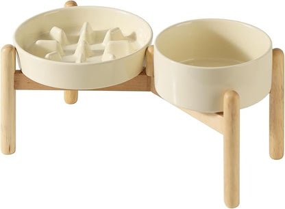 Ceramic 1.2 Cup Raised Slow Feeder Dog Bowl Set, Elevated 6.1inch Bowl and