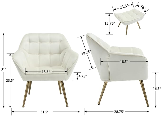 QUINJAY Modern Velvet Accent Chair with Ottoman, Upholstered Lounge Chair with Footrest, Comfy Living Room Chair with Gold Legs Accent Side Chair Armchair for Small Space Bedroom Apartment, Beige