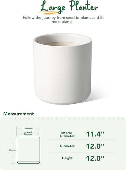 LE TAUCI 12 Inch Pot for Plants, Ceramic Planters for Indoor Plants, Mid-Century Modern Cylinder Flower Pots with Drainage Hole, Fits Fiddle Leaf Fig & Monstera, Home Decor, White
