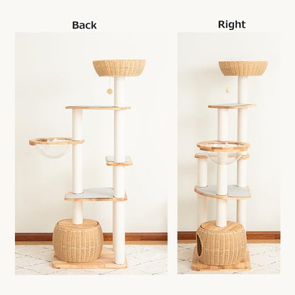 Wooden Cat Tower for Large Cats 63’‘, Modern Multi-Level Condo with Natural Wood, Indoor Cat Furniture for Medium and Big Pets (White 81007s)