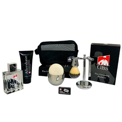 G.B.S Men’s Shaving Kit, Butterfly DE Safety Razor, Badger Brush, Shaving Bowl, Shave Soap, Stand, Aftershave, Cologne Plus Blades, with Bag Home, Pack of 9 Pieces