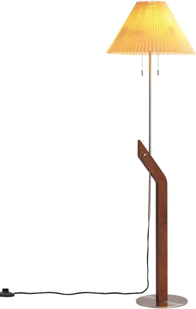 Wood Floor Lamp,2-Light Modern Mid Century Vintage Floor Lamp, Height Adjustable Living Room, Study Room,Bedroom,Office Tall Standing Lamp,Linen Lampshade