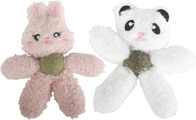 Cat Toys with Catnip Kitten Chew Bite Supplies Boredom Relief Fluffy Kitty Teeth Cleaning Chewing Cat Lovers Interactive Plush Gift (Rabbit&Panda)