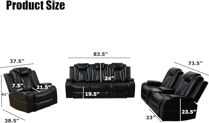 Leather Recliner Loveseat Set with LED Light, Power Black Leather Sectional Set, Living Room Furniture Sets 2 Seats, Modern Power Reclining Sofa Sets with Storage Console/Cup Holder for Living Room