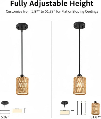 Pendant Light Boho Hanging Lamp - Rattan & Linen 2-in-1 Shade, Adjustable Hanging Lights Fixture for Kitchen Island, Dining Room, Farmhouse, Bedroom (3 Pack)