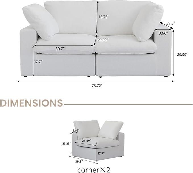 Cloud Modular Sectional Sofa Couch,80.3" Convertible Couches Loveseat for Living Room,Minimalist Deep Sofa Couches,Sofa Covers Washable&Replaceable，White