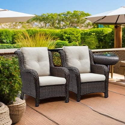 Rilyson Outdoor Wicker Patio Chairs Set of 2: Rattan Dining Chairs Porch Chairs Outdoor Club Chairs with high Back and Deep Seating (Brown/Beige)