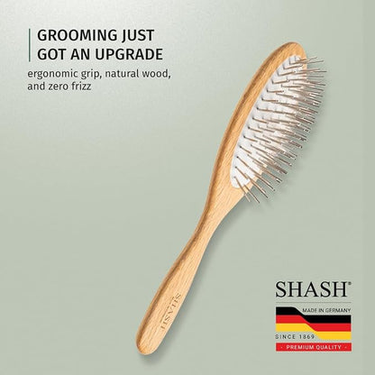 Since 1869 Hand Made In Germany - SHASH Oval Pet Brush With Long Metal Pins With Rubber Cushion - Helps Detangle Knots, Eliminate Frizz, Reduce Pulling & Snagging (Short Steel Pins)