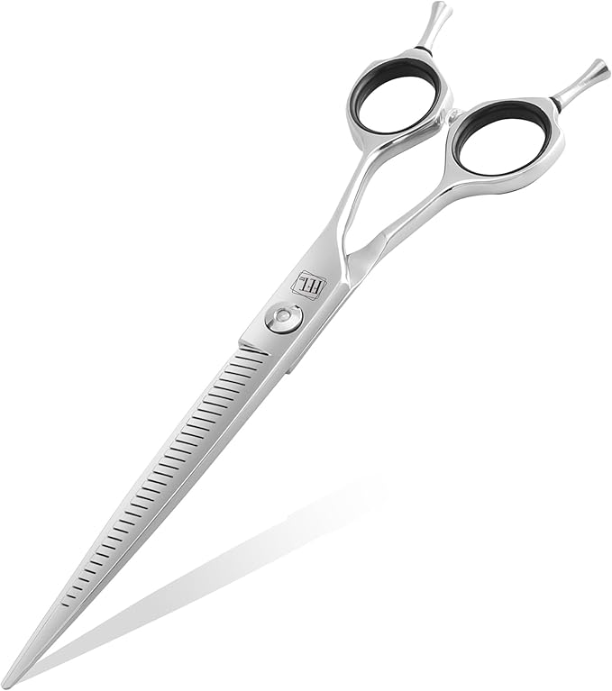 Professional Curved Thinning Scissors for Dog Grooming, 30-Degree Curvature, Japanese 440C for Trimming Dogs Cats and Other Pets face and paws (Pointy-tongued Blender)