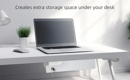 White Under Desk Drawer with Lock, Metal Hidden Storage