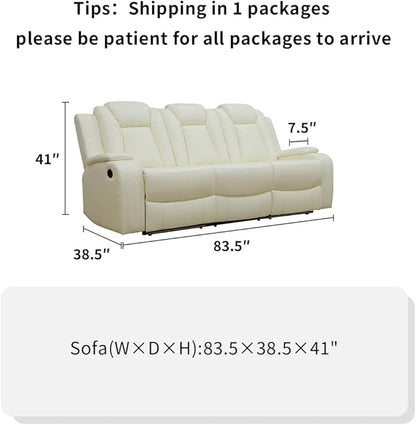 Toseslo Power Leather Recliner Sofa Set with LED Light, Leather Sectional Sofa Set, Living Room Furniture Sets, Modern Power Reclining Sets for Living Room(Creamy White)