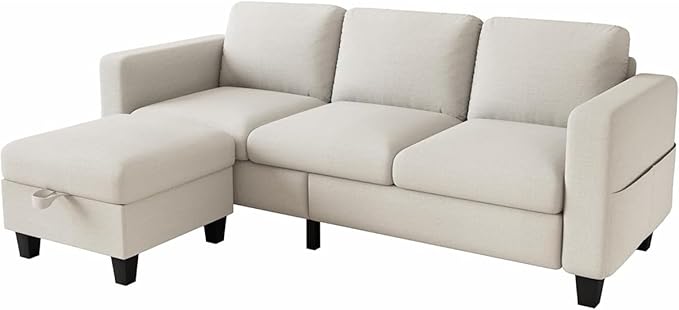 Sectional and Sofa Couches for Living Room, Linen 3-Seat L-Shaped Sofa with Storage Ottoman, Pet-Friendly Washable Fabric, Convertible Couches for Small Apartments, Bedroom, Office