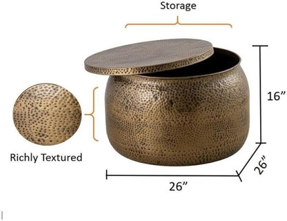 Albany Living Modern Round Aluminum Hammered Embossed Texturing, Metal Drum Coffee Table with Removable Lid for Storage,Fully Assembled, for The Living Room and Bedroom, Brass