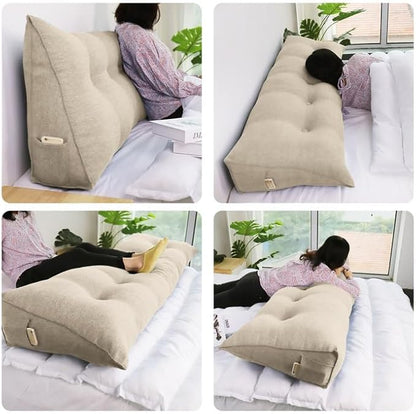 WOWMAX 80% Cotton & 20% Linen Blend Headboard Pillow – King Size Reading Wedge Backrest for Bed, Handmade Firm Support Bolster Cushion with Removable Cover, Premium Bed Rest Pillow, Natural Color