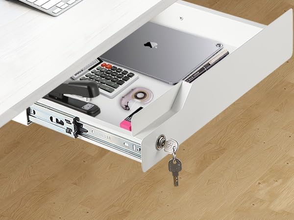 White Under Desk Drawer with Lock, Metal Hidden Storage