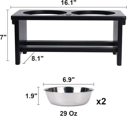 HTB Elevated Dog Bowl Stand with 2 Stainless Steel Bowls-7" H Medium Black | Raised Dog Bowl Stand, 7"tall, 29 Oz Bowls, for Medium Sized Dogs, Pet-safe, Solid Bamboo