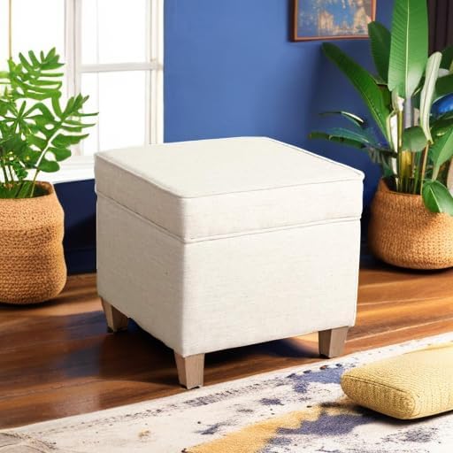 Homepop Home Decor | K7342-F2067 | Classic Square Storage Ottoman with Lift Off Lid | Ottoman with Storage for Living Room & Bedroom, Cream Woven