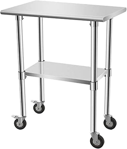 Stainless Steel Table - Metal Table Cart - Commercial Workbench with Caster Wheel - NSF Certified - for Restaurant, Warehouse, Home, Kitchen, Garage,30''x18''