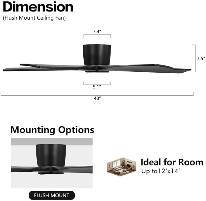 WINGBO 48" Flush Mount DC Ceiling Fans Without Lights, 5 Carved Solid Wood