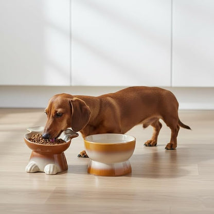 Nihow Dog Food & Water Bowls: Elevated Ceramic Bowls for Medium/Small Dog | Food Safe Raised Puppy Bowls - Brown Pet Bowl for Protecting Pet's Spine (Set of 2)