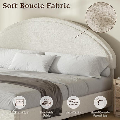 King Size Bed Frame with Round Headboard, Boucle Upholstered Bed with Round Headboard, Soft Arch Shaped Modern Style, No Box Spring Required, Easy Assembly, White