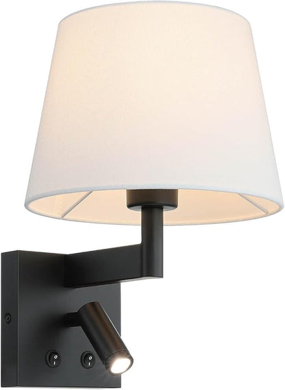 XiNBEi Lighting Hardwired Wall Sconce with LED Integrated Reading Light, Bedroom Wall Lamp with Linen Fabric Shade & On/Off Switch Modern Bedside Sconce Lighting Fixture, Matte Black XB-W468-LED-MB