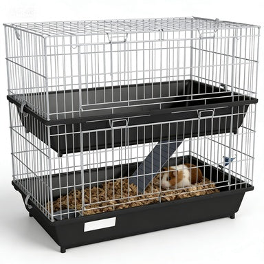 PawHut 2-Tier Small Animal Cage With 2 Doors, Trays, Dish, Bottle, And Ramp For Bunny, Ferret, Chinchilla, Black