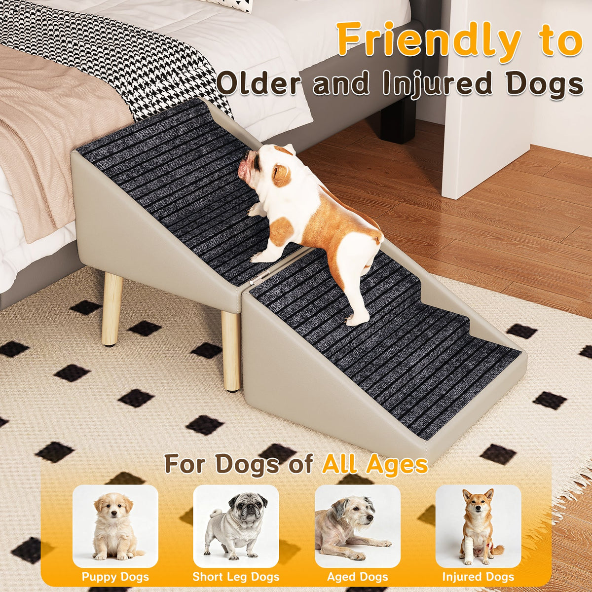 Dog Ramp for Bed & Couch, Dog Stairs 22.83 inches High for Large/Medium/Small Doggie, Foldable 2 in 1 Wooden Pet Steps for Older and Injured Dogs, Split Ottoman Design, Non-Slip Surface (Light Grey)