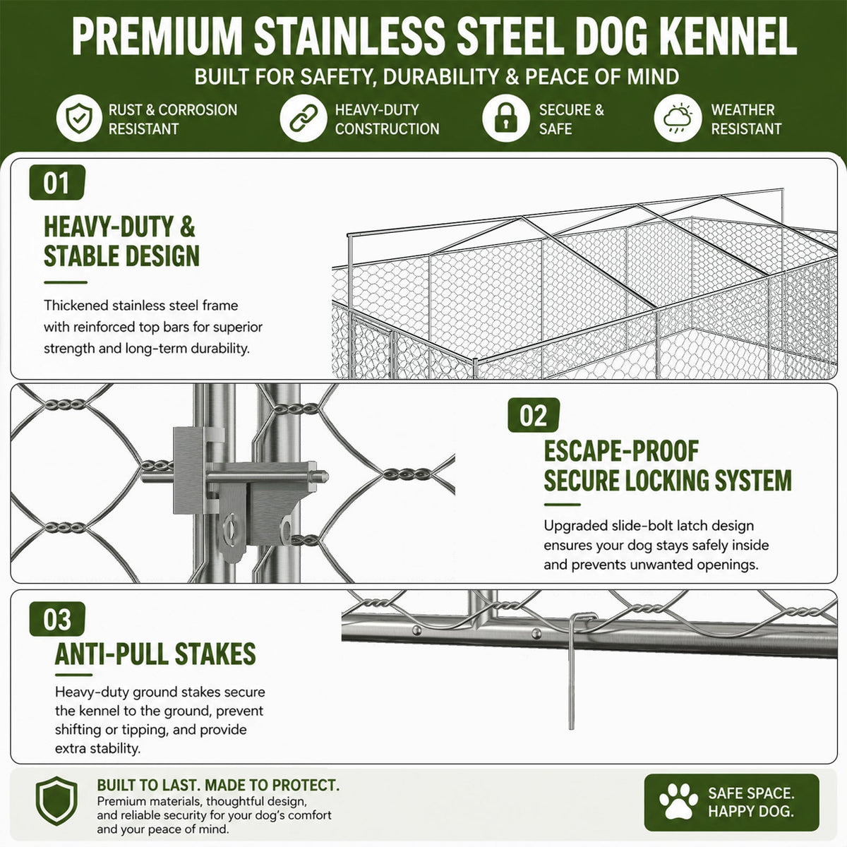 20x10 FT Large Outdoor Dog Kennel with Canopy, Heavy Duty Galvanized Steel Frame, Waterproof Cover, Built-in Elevated Feeding Bowls, Escape-Proof Lockable Pet Playpen for Large Dogs & Multiple Animal