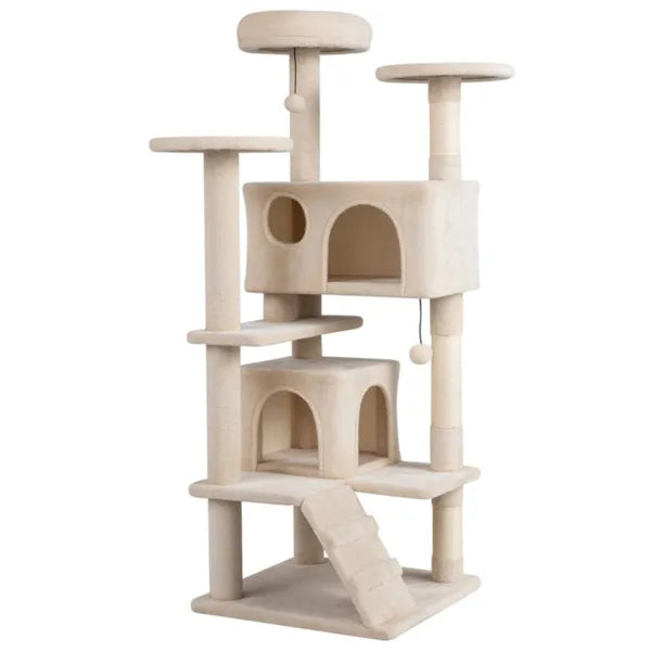 52" Tall Cat Tree Tower With Perches & Condos, Multi-Cat Playground With Scratching Posts (Beige)