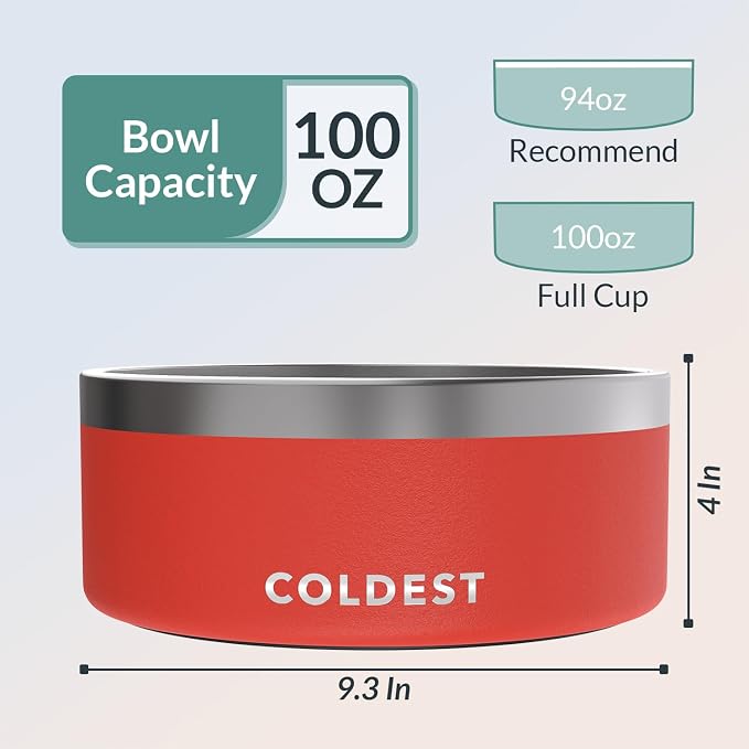 Coldest Dog Bowl - Anti Rust Metal, Non Slip, 3 Layers Insulated Stainless Steel Dog Bowls - Spill Proof & Heavy Duty - Water Bowl for Dogs, Cats & Pets, Dish Washer Safe (100 oz, Crimson Red)