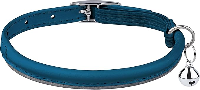OOPSDOGGY Rolled Leather Cat Collar with Bell, Reflective Kitten Collars with Buckle Include Safety Elastic Strap - Adjustable Small Pet Collars for Boy Girl Cats (Blue)