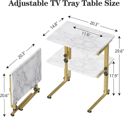 Katrawu Folding tv Tray Dinner Snack Table,6 Height Adjustable Slide Under Couch Side Table, Portable Small Foldable C-Shaped End Table for Eating with Sturdy MDF Top,No Assembly(White Marble+Gold)